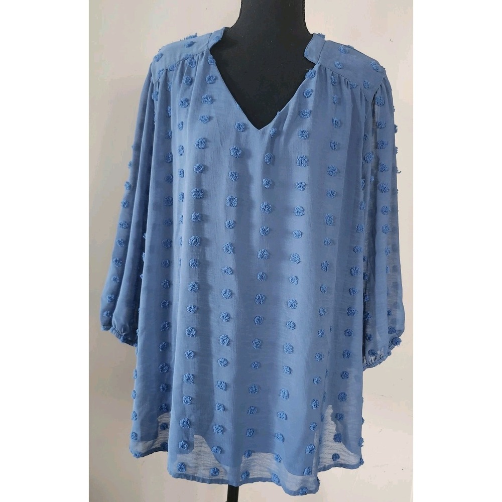 Paper Moon Womens 2X Blue Pom Pom 3/4 Elastic Sleeve Lined Sheer Top Shirt